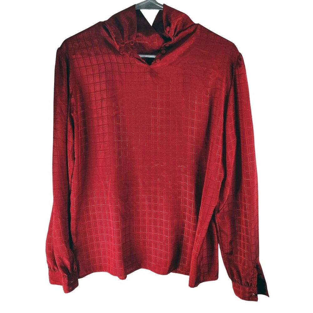 Vintage Red Button Up Blouse Grid Pattern & High Neck Country Suburbans SZ 6